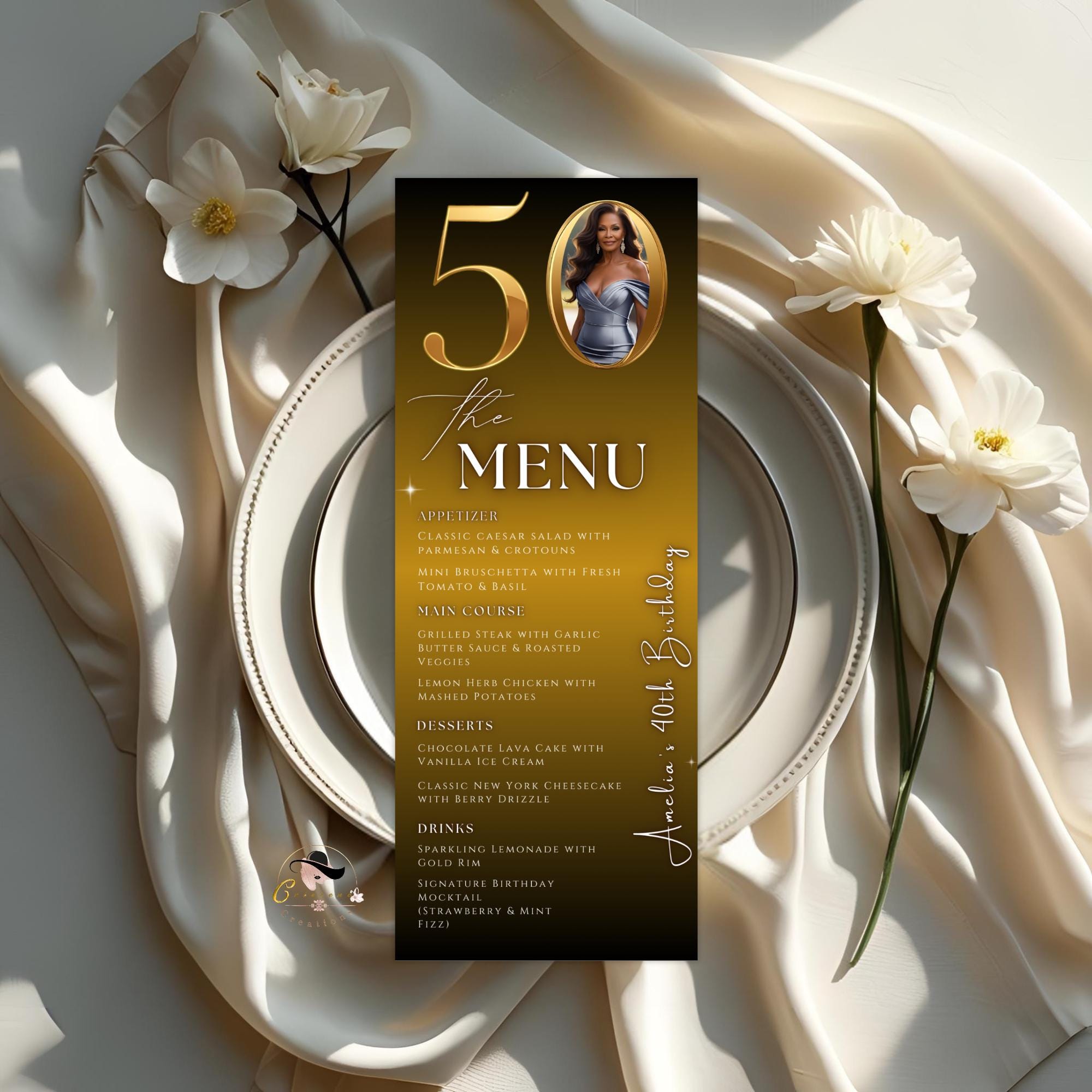50th Birthday Dinner Menu Template with photo Black Golden Anniversary Menu Printable, Elegant Party Menu Woman, 50th Men Party Menu Card