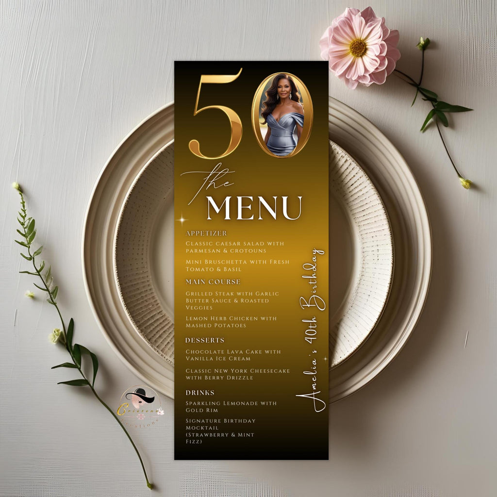 50th Birthday Dinner Menu Template with photo Black Golden Anniversary Menu Printable, Elegant Party Menu Woman, 50th Men Party Menu Card