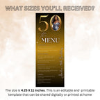 50th Birthday Dinner Menu Template with photo Black Golden Anniversary Menu Printable, Elegant Party Menu Woman, 50th Men Party Menu Card