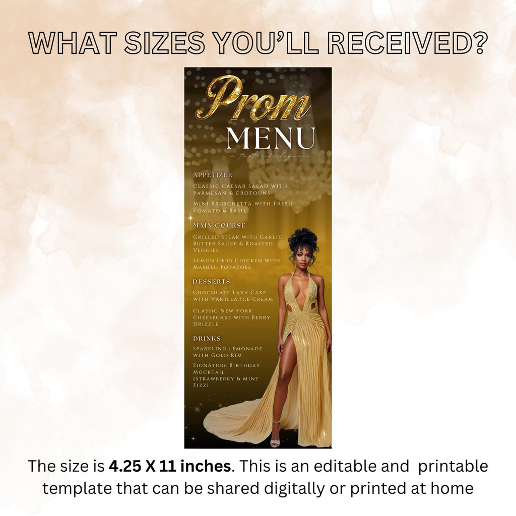 Editable Prom Party Menu with photo Black Gold Glam Senior Ball Menu, Junior Prom Send off Dinner Menu, Elegant Printable Template, PRM02