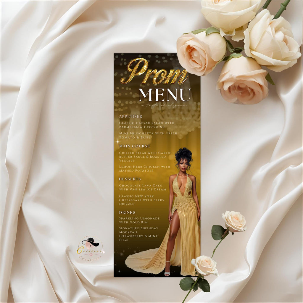 Editable Prom Party Menu with photo Black Gold Glam Senior Ball Menu, Junior Prom Send off Dinner Menu, Elegant Printable Template, PRM02