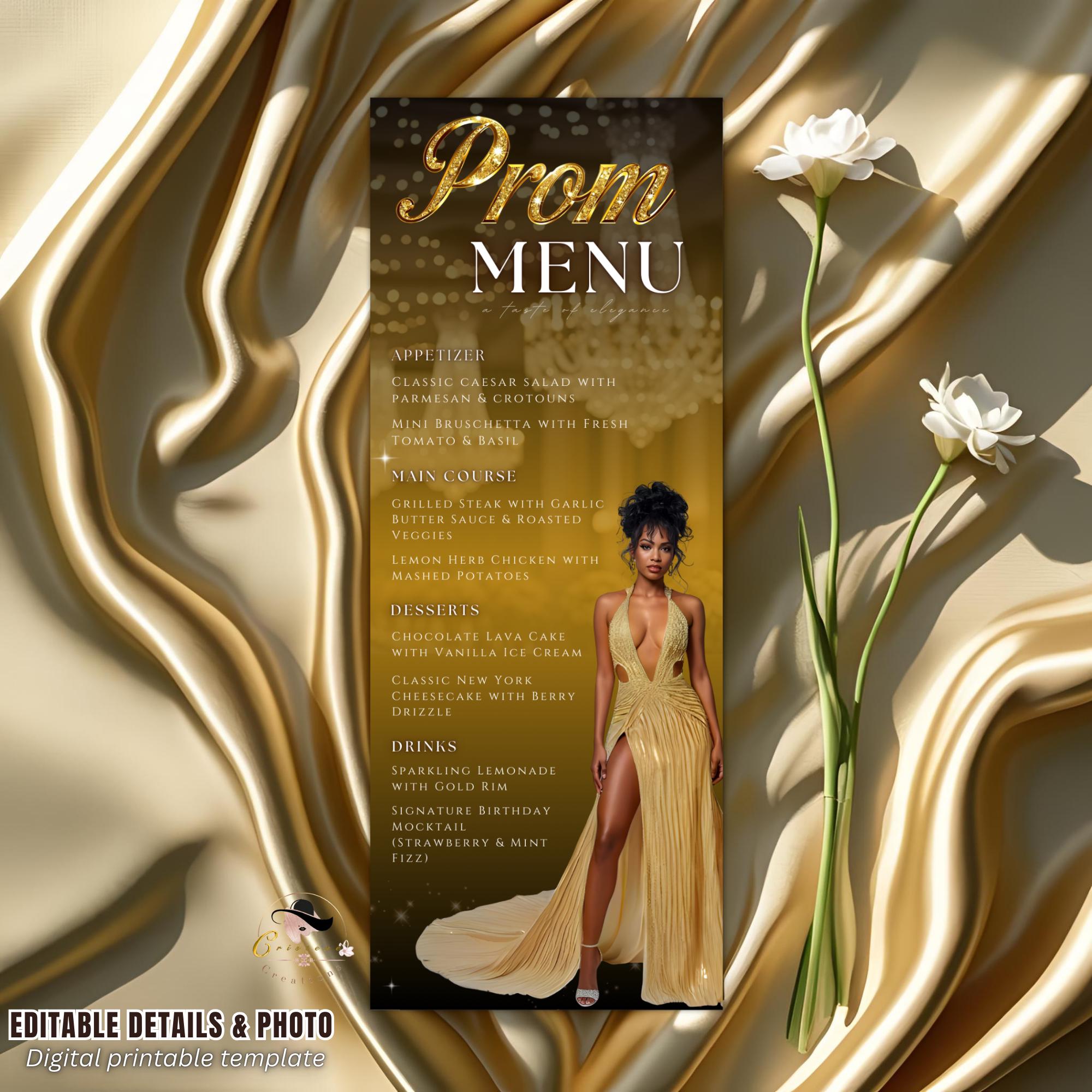Editable Prom Party Menu with photo Black Gold Glam Senior Ball Menu, Junior Prom Send off Dinner Menu, Elegant Printable Template, PRM02