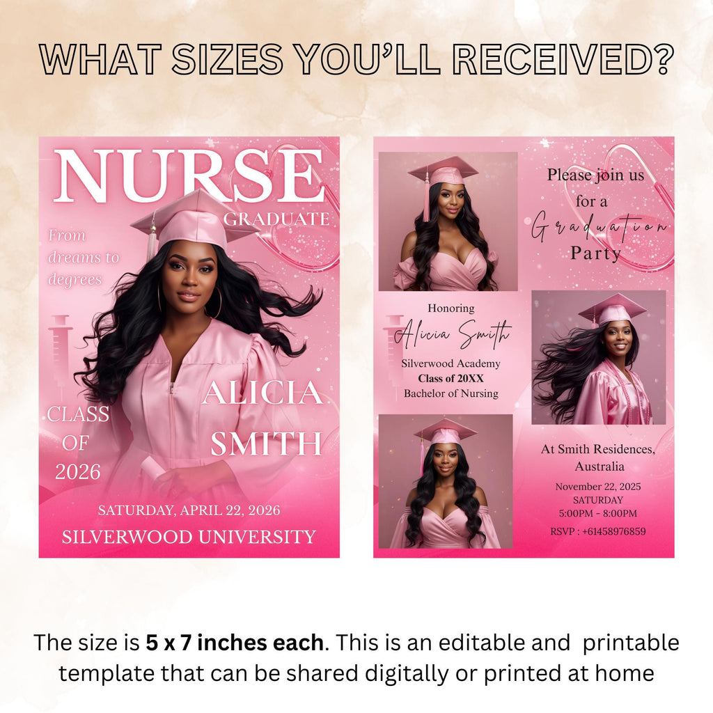 Editable Nurse Graduation Invitation, 2026 RN Pinning Ceremony invite with photo, Medical CNA Nursing Graduate Flyer Magazine Cover Template