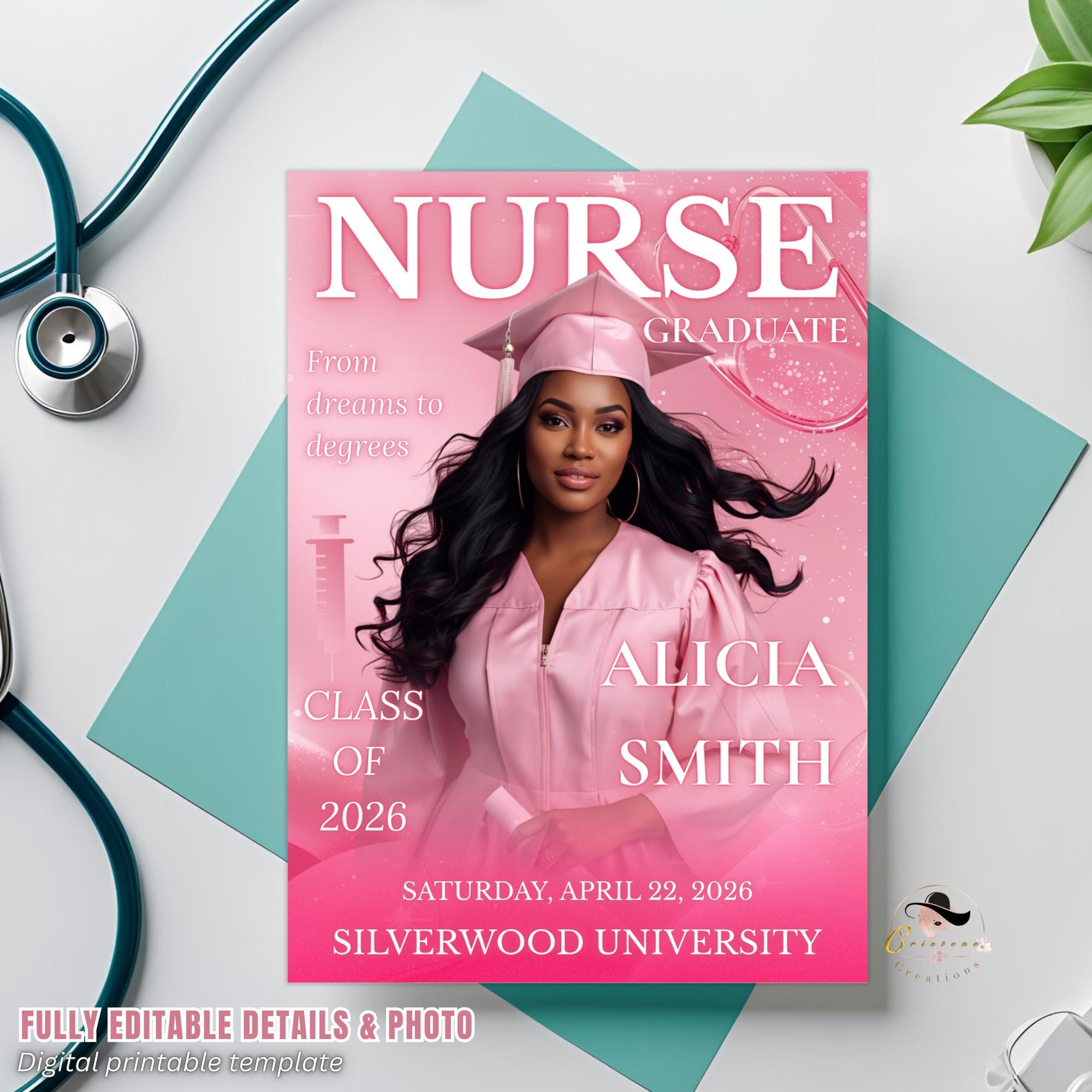 Editable Nurse Graduation Invitation, 2026 RN Pinning Ceremony invite with photo, Medical CNA Nursing Graduate Flyer Magazine Cover Template