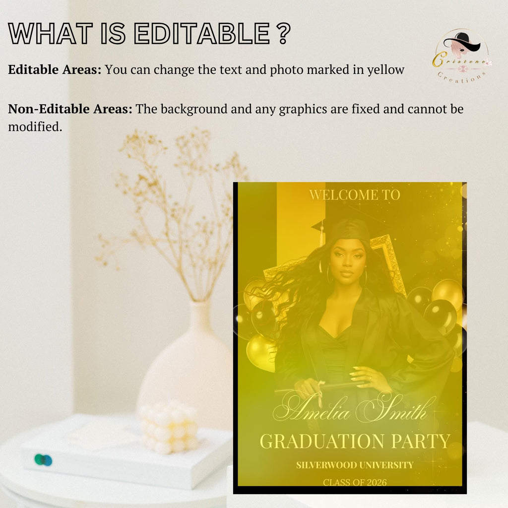 Graduation Welcome Party Sign Black Gold, Woman Graduates Poster Sign with photo 2026 Men Senior Graduation Announcement Entry Sign Template