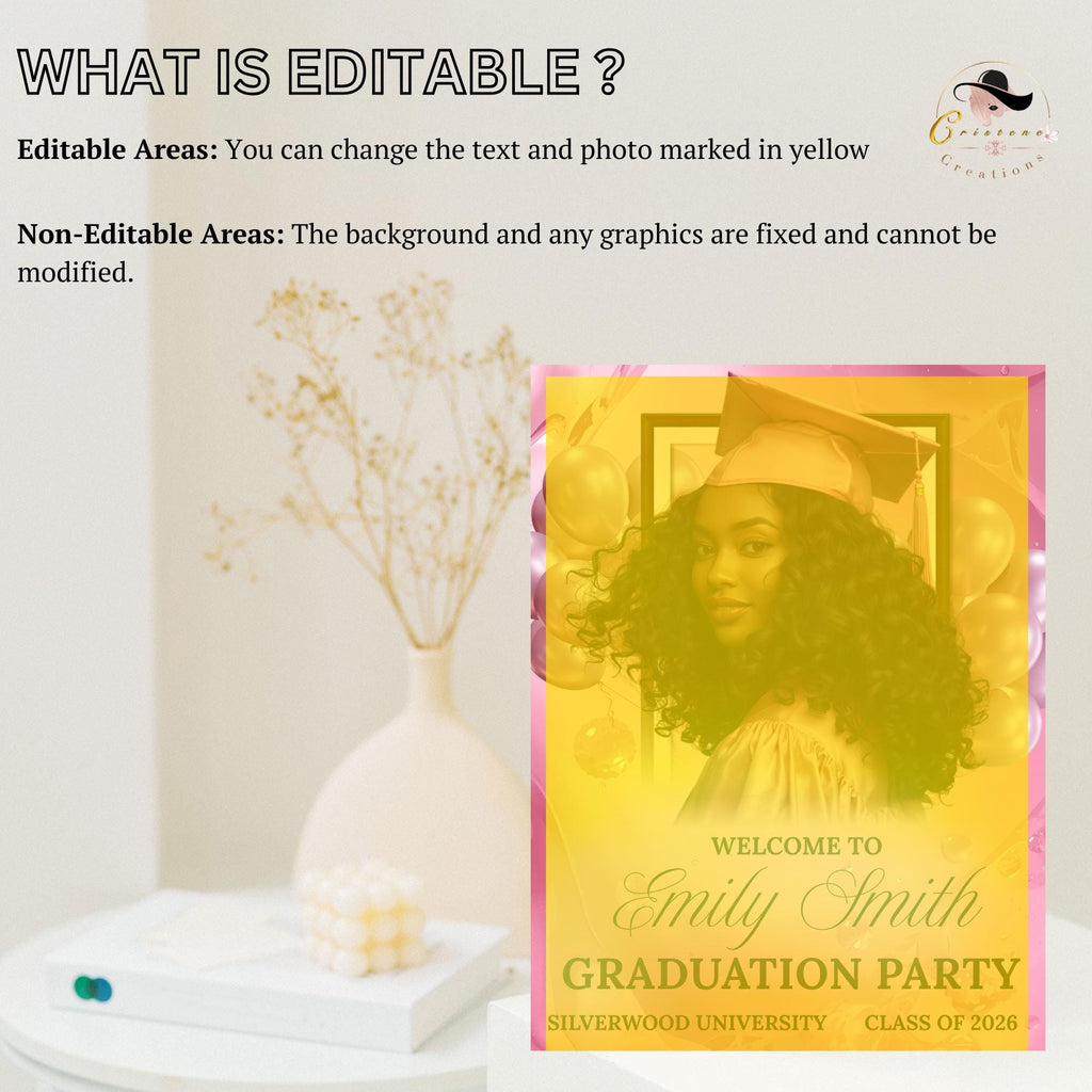 Pink Graduation Welcome Party Sign Woman Senior Graduates Poster Sign with photo, 2026 College Commencement Announcement Entry Sign Template