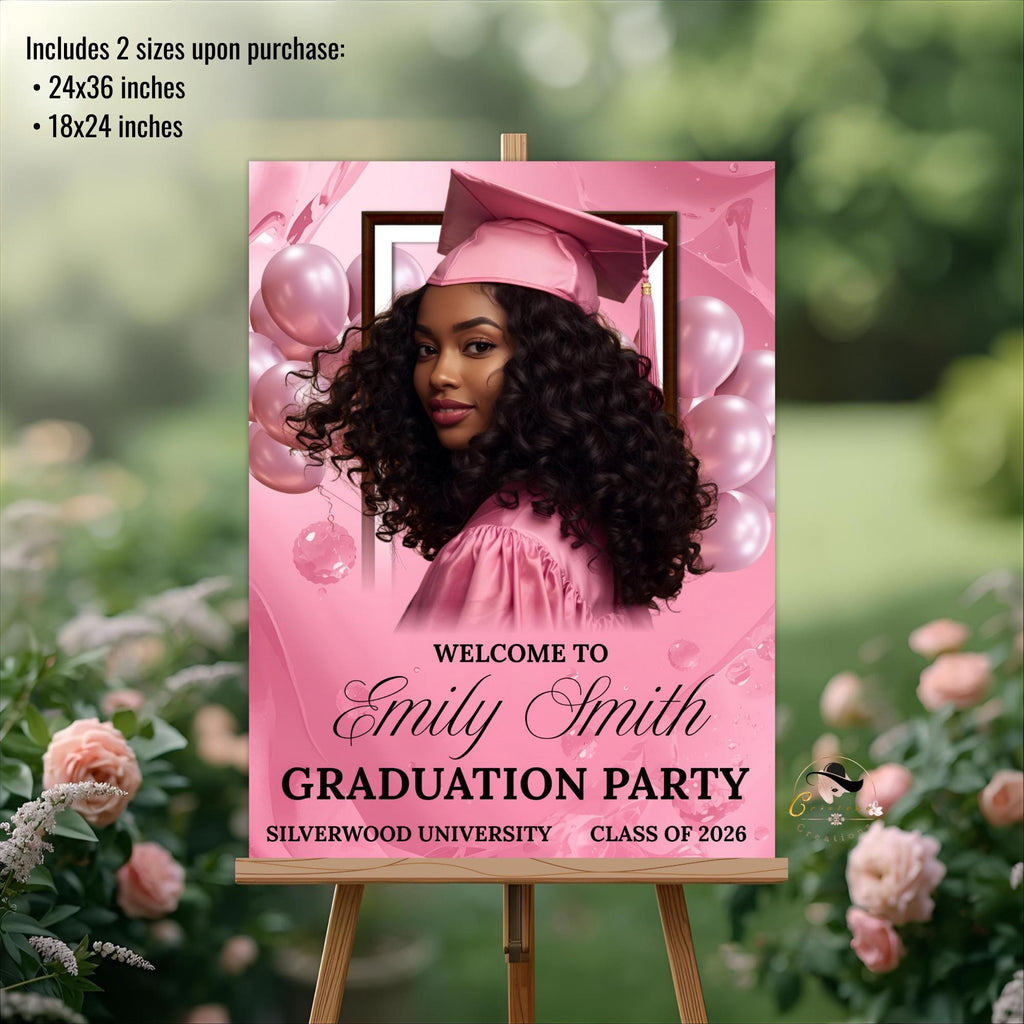 Pink Graduation Welcome Party Sign Woman Senior Graduates Poster Sign with photo, 2026 College Commencement Announcement Entry Sign Template
