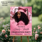 Pink Graduation Welcome Party Sign Woman Senior Graduates Poster Sign with photo, 2026 College Commencement Announcement Entry Sign Template