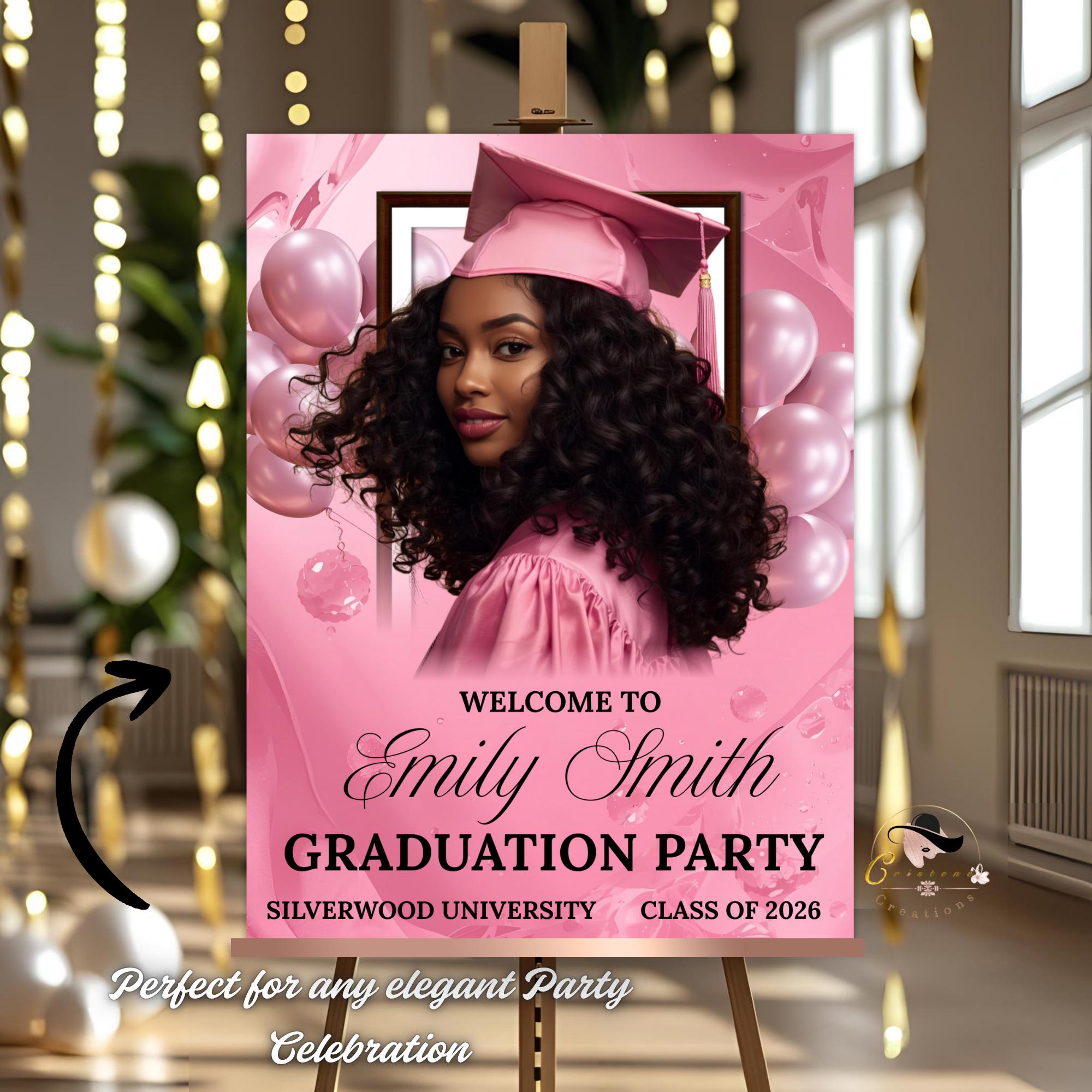 Pink Graduation Welcome Party Sign Woman Senior Graduates Poster Sign with photo, 2026 College Commencement Announcement Entry Sign Template