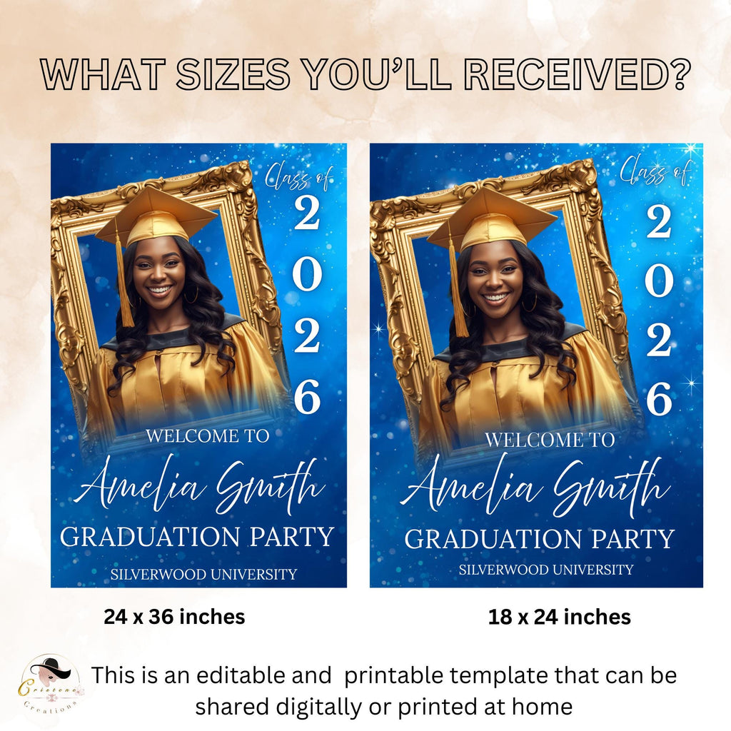 Graduation Welcome Party Sign Woman Senior Graduates Poster Sign with photo, Blue 2026 College Commencement Announcement Entry Sign Template