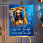 Graduation Welcome Party Sign Woman Senior Graduates Poster Sign with photo, Blue 2026 College Commencement Announcement Entry Sign Template