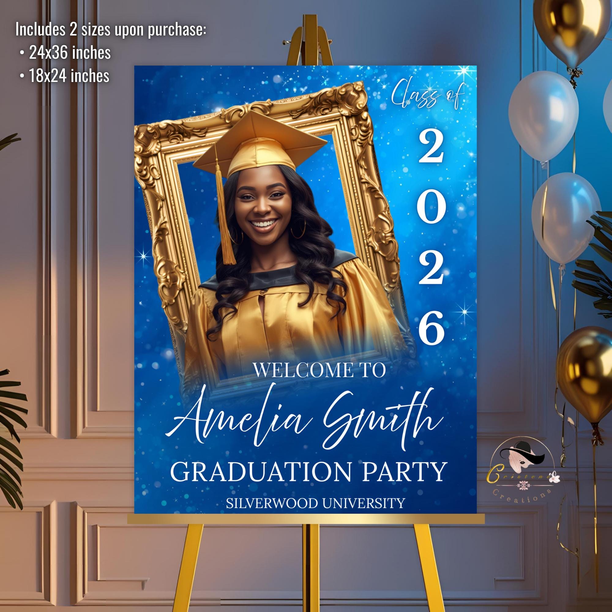 Graduation Welcome Party Sign Woman Senior Graduates Poster Sign with photo, Blue 2026 College Commencement Announcement Entry Sign Template