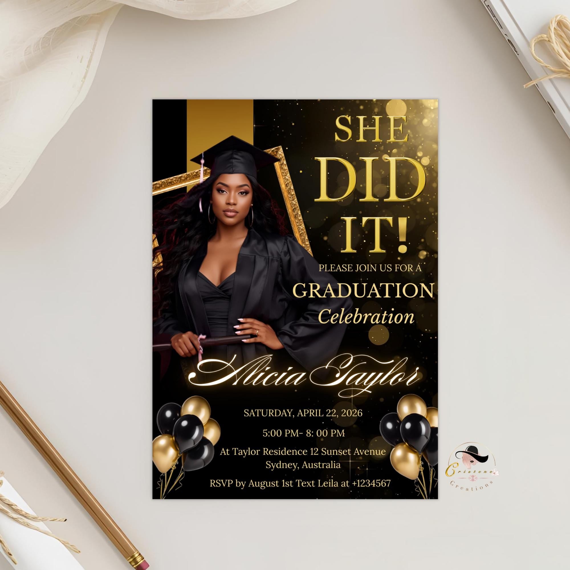 Black gold Graduation Announcement 2026 Invitation, Senior Graduation Party with photo invite, Editable College Graduate She DID it Template