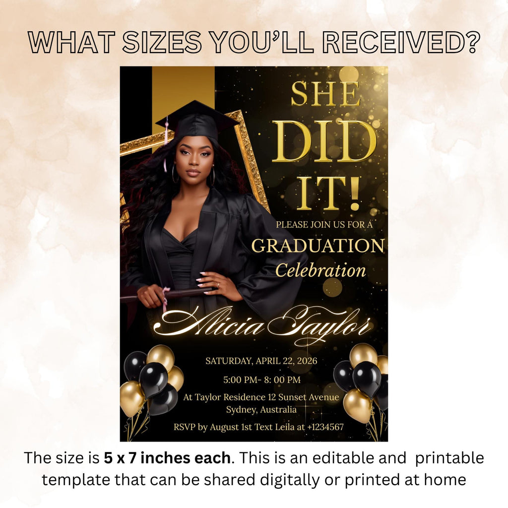 Black gold Graduation Announcement 2026 Invitation, Senior Graduation Party with photo invite, Editable College Graduate She DID it Template
