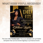 Black gold Graduation Announcement 2026 Invitation, Senior Graduation Party with photo invite, Editable College Graduate She DID it Template