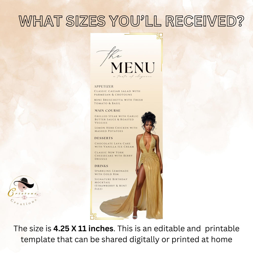 Editable Birthday Dinner Menu Card White Gold Party Menu with photo, Elegant Retirement Menu, Graduation Menu Template, Printable Food Menu