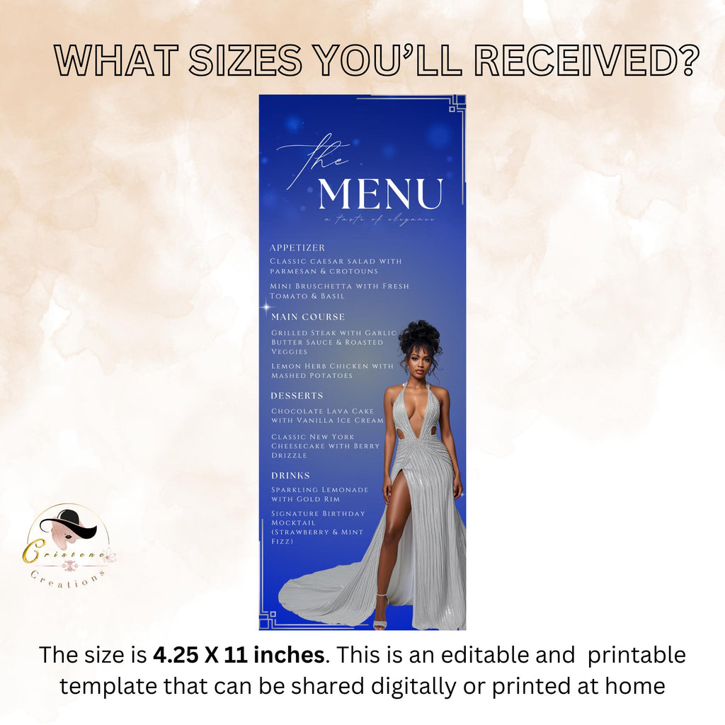 Birthday Dinner Menu Card Blue SIlver Party Menu with photo, Elegant Retirement Menu, Editable Graduation Menu Template Printable Event Menu