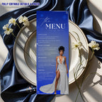 Birthday Dinner Menu Card Blue SIlver Party Menu with photo, Elegant Retirement Menu, Editable Graduation Menu Template Printable Event Menu