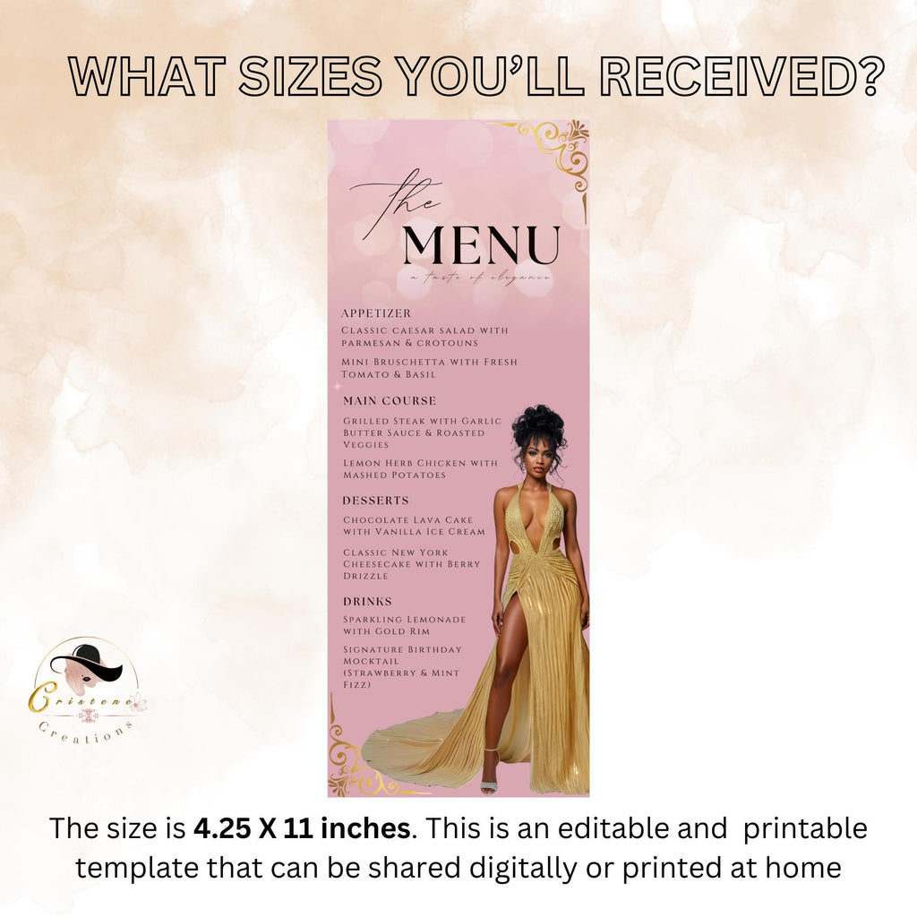 Editable Birthday Party Menu Template Pink Gold Dinner Menu with photo, Elegant Retirement Menu, Woman Brunch Menu Card Printable Event Menu