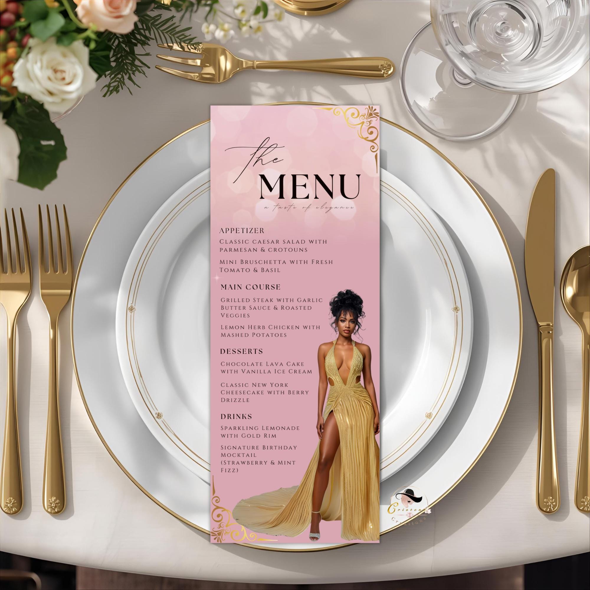 Editable Birthday Party Menu Template Pink Gold Dinner Menu with photo, Elegant Retirement Menu, Woman Brunch Menu Card Printable Event Menu