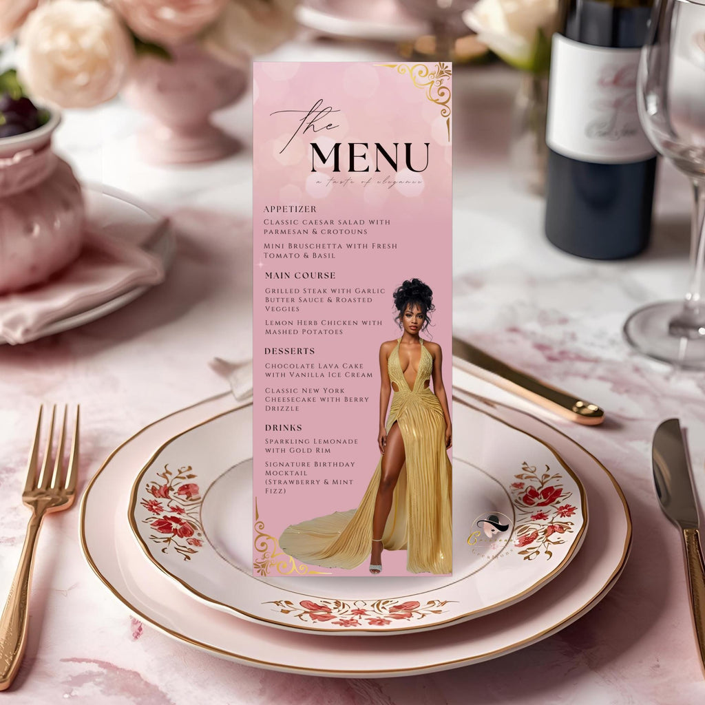Editable Birthday Party Menu Template Pink Gold Dinner Menu with photo, Elegant Retirement Menu, Woman Brunch Menu Card Printable Event Menu