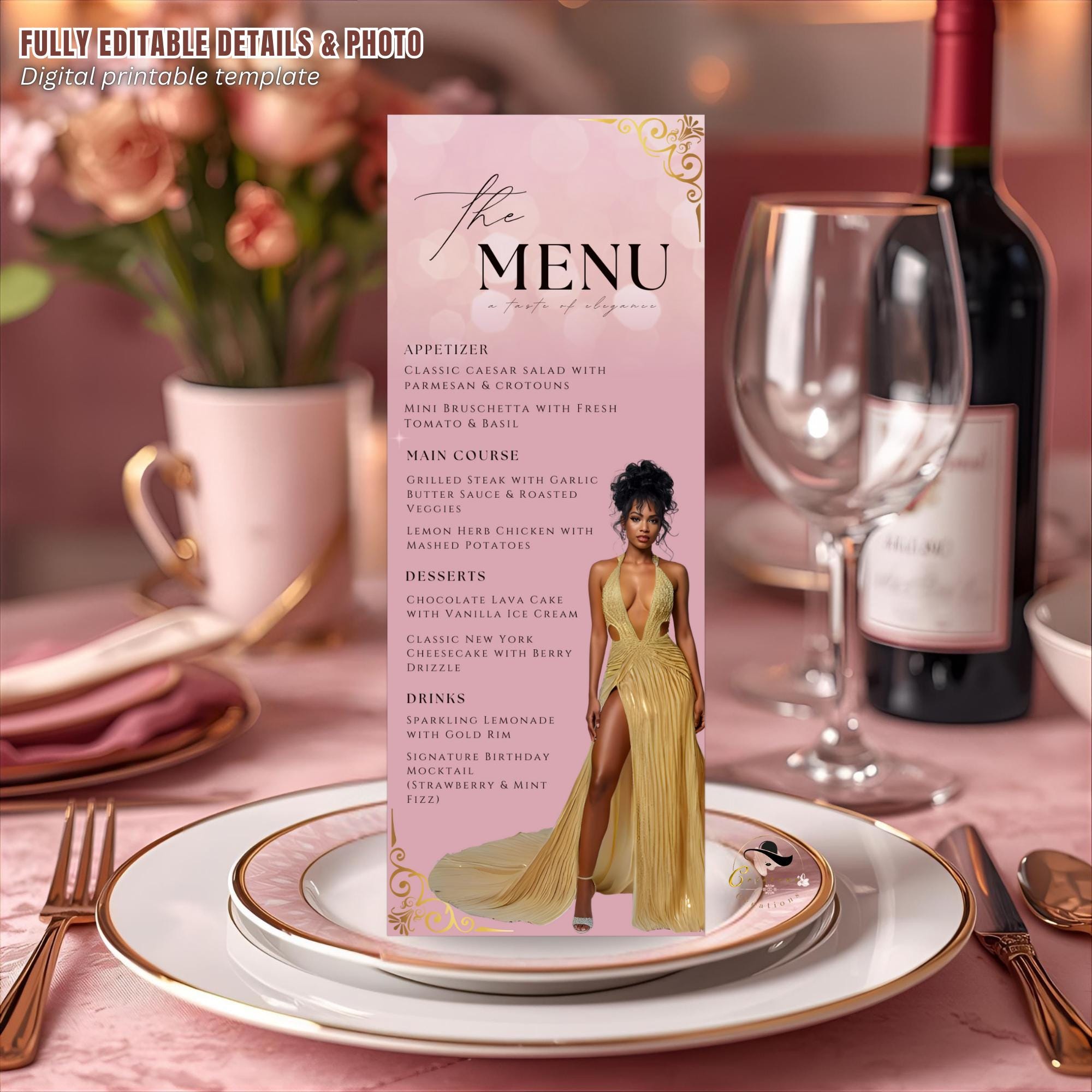Editable Birthday Party Menu Template Pink Gold Dinner Menu with photo, Elegant Retirement Menu, Woman Brunch Menu Card Printable Event Menu