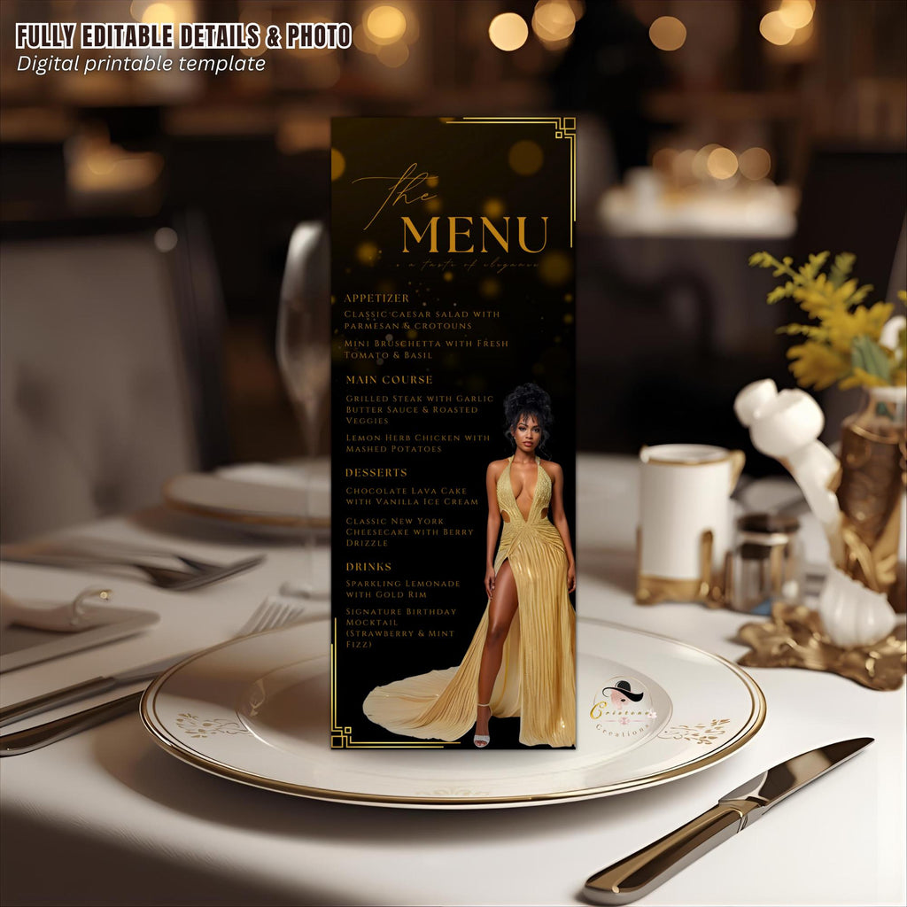 Birthday Dinner Menu Card Black Gold Elegant Party Menu with photo, Retirement Menu, Editable Graduation Menu Template Printable Event Menu