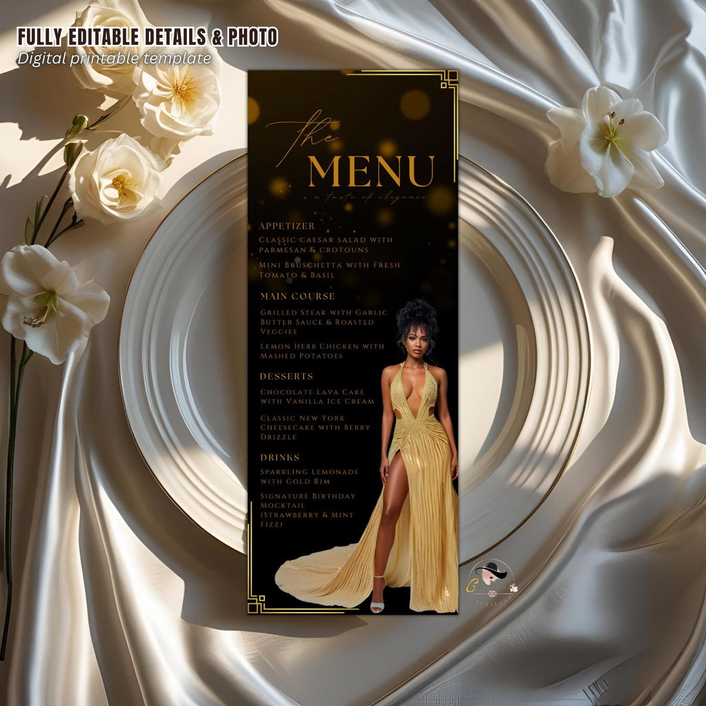 Birthday Dinner Menu Card Black Gold Elegant Party Menu with photo, Retirement Menu, Editable Graduation Menu Template Printable Event Menu