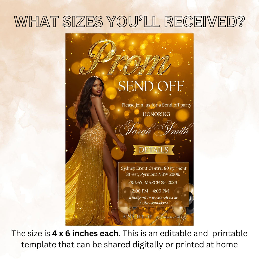 Black Gold Prom Send Off Party Invitation, Woman Junior and Senior Prom Night with photo invite, Hollywood Theme Celebration Template, PRM06