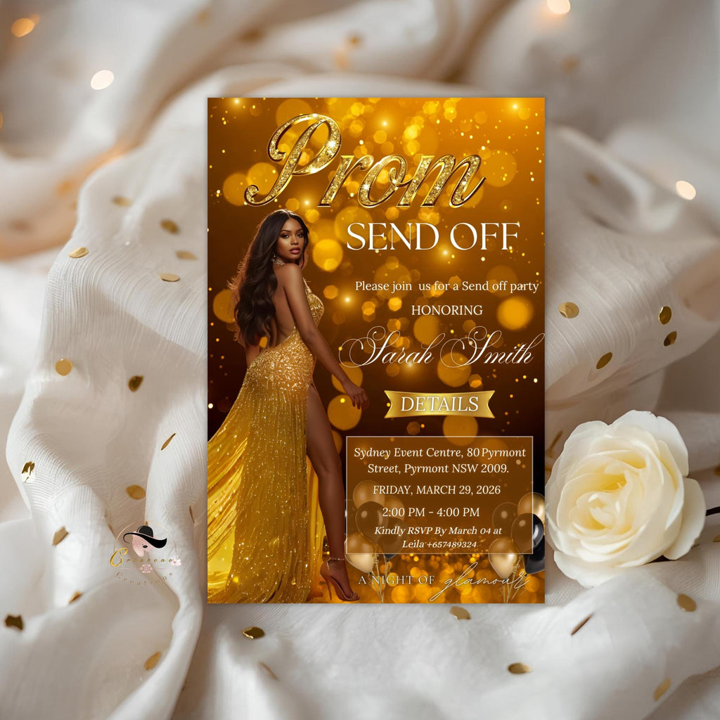 Black Gold Prom Send Off Party Invitation, Woman Junior and Senior Prom Night with photo invite, Hollywood Theme Celebration Template, PRM06