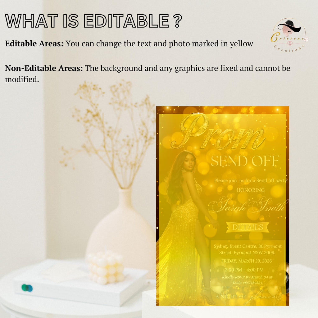 Black Gold Prom Send Off Party Invitation, Woman Junior and Senior Prom Night with photo invite, Hollywood Theme Celebration Template, PRM06