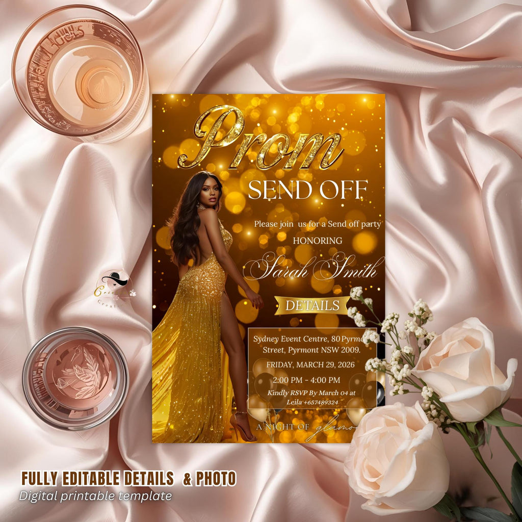 Black Gold Prom Send Off Party Invitation, Woman Junior and Senior Prom Night with photo invite, Hollywood Theme Celebration Template, PRM06