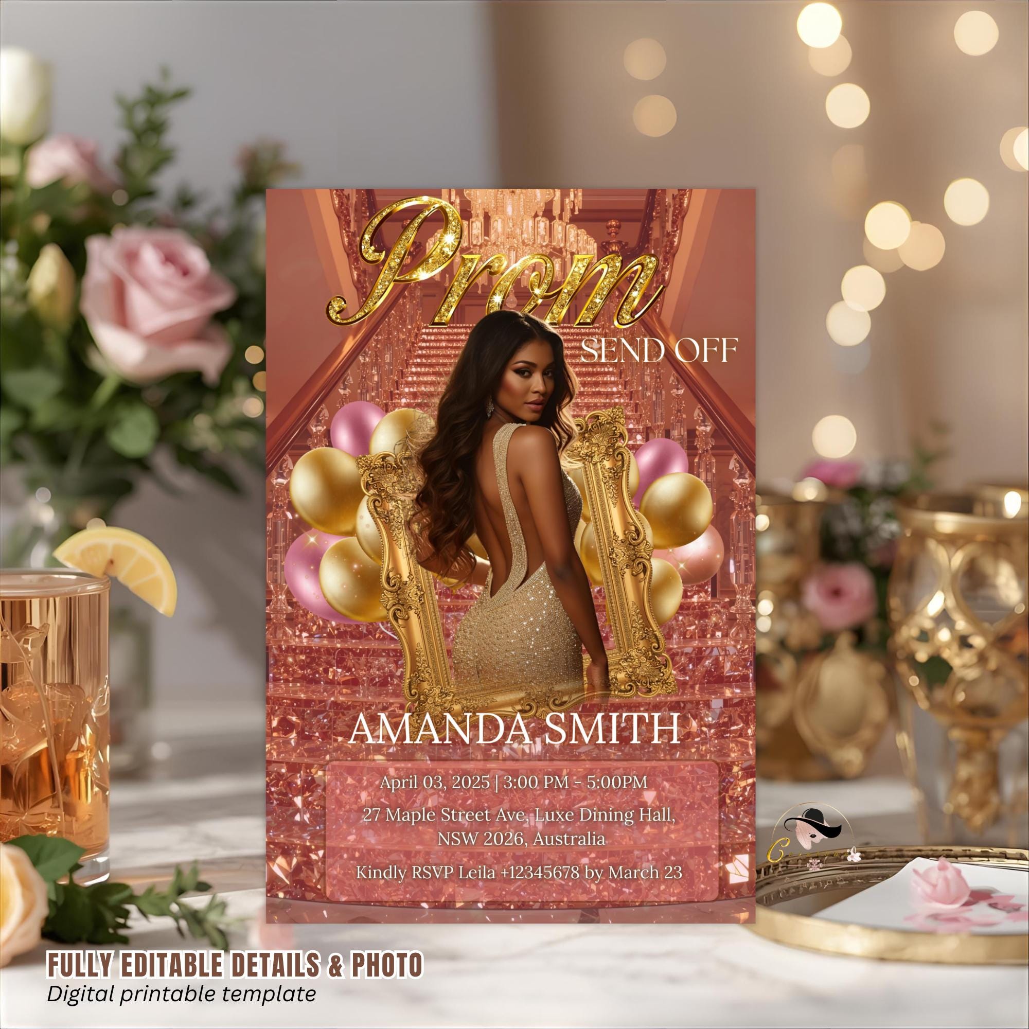 Prom Send Off Party Invitation Rose Gold Pink Senior Ball Prom Night with photo invite, Woman Junior Prom Hollywood Theme Template, PRM05