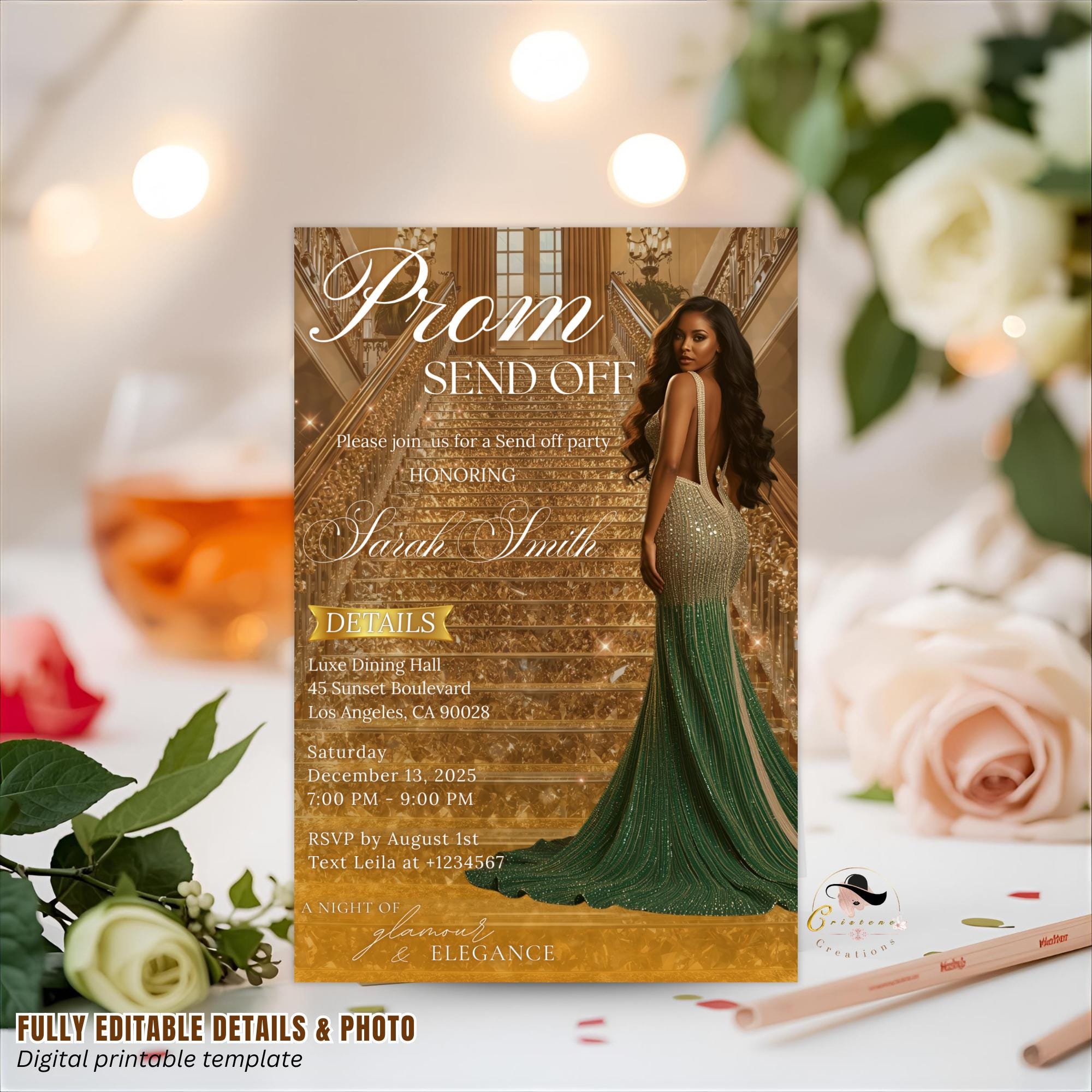 Prom Send Off Party Invitation, Woman Senior and Junior Prom Night with photo invite, Elegant Hollywood Theme Celebration Template, PRM02