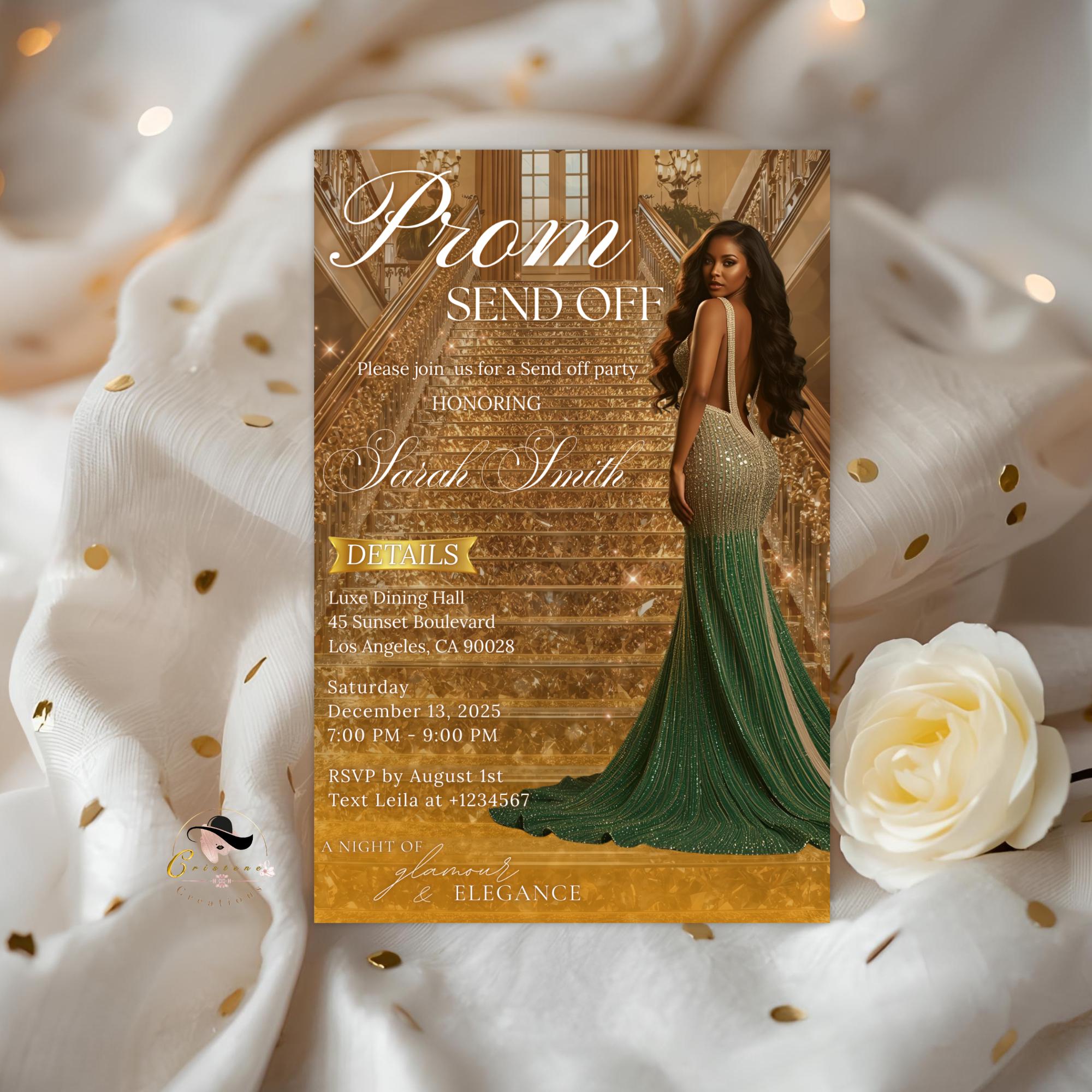 Prom Send Off Party Invitation, Woman Senior and Junior Prom Night with photo invite, Elegant Hollywood Theme Celebration Template, PRM02