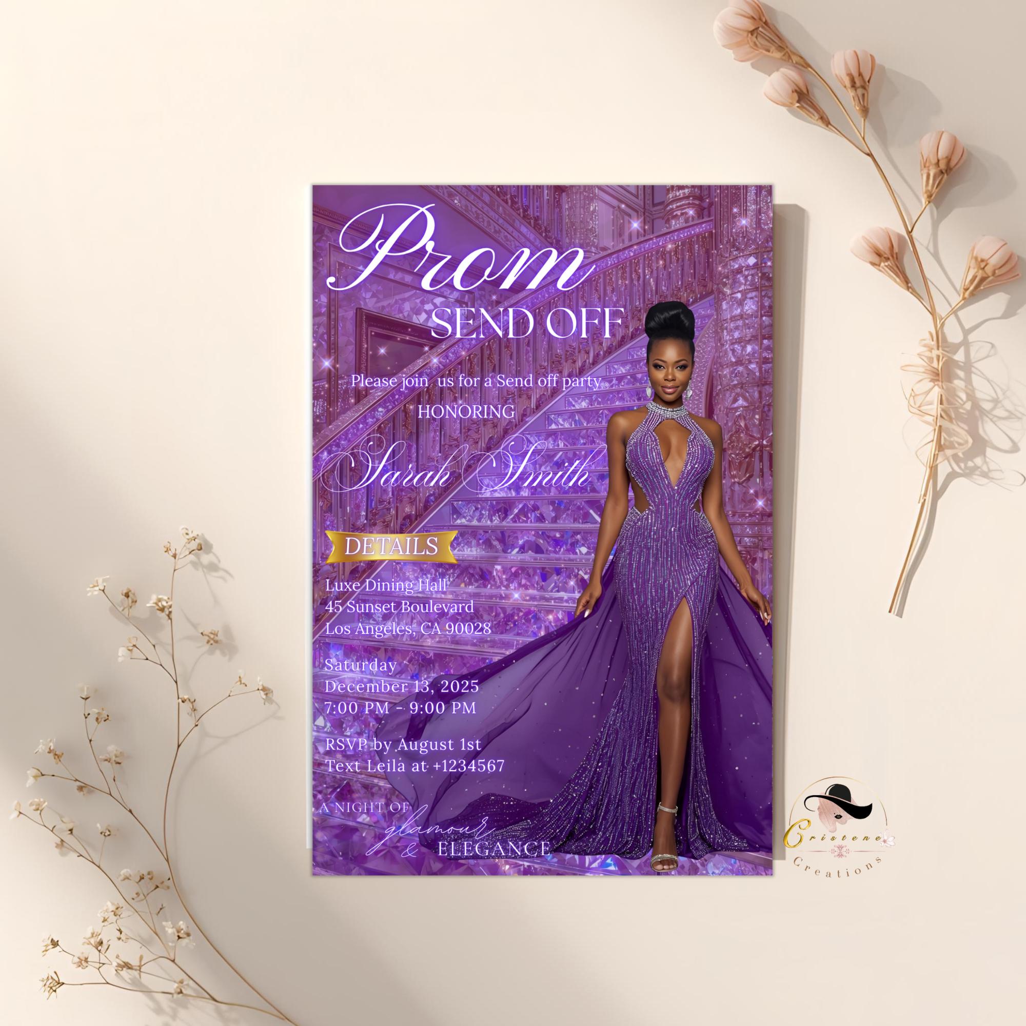 Prom Send Off Party Invitation Purple Senior and Junior Prom Night with photo invite, Elegant Hollywood Theme Celebration Template, PRM08