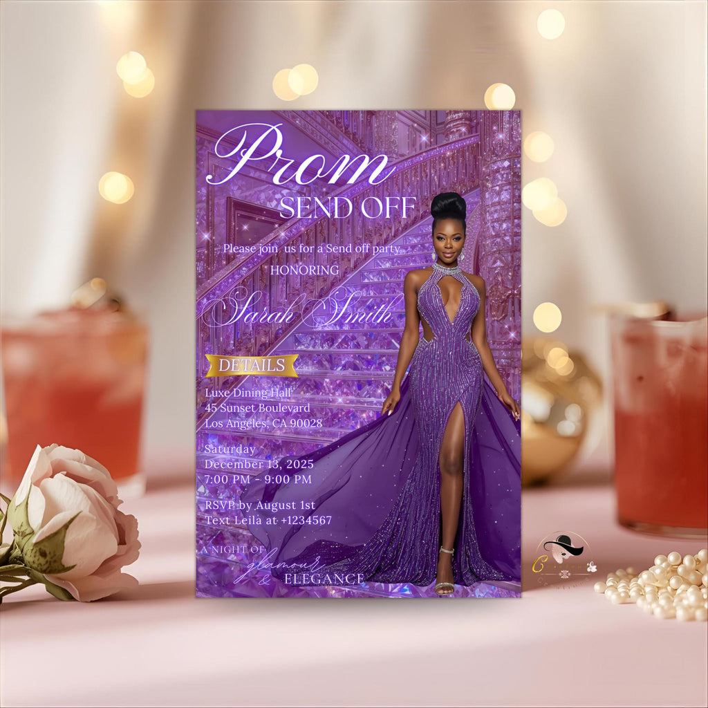 Prom Send Off Party Invitation Purple Senior and Junior Prom Night with photo invite, Elegant Hollywood Theme Celebration Template, PRM08