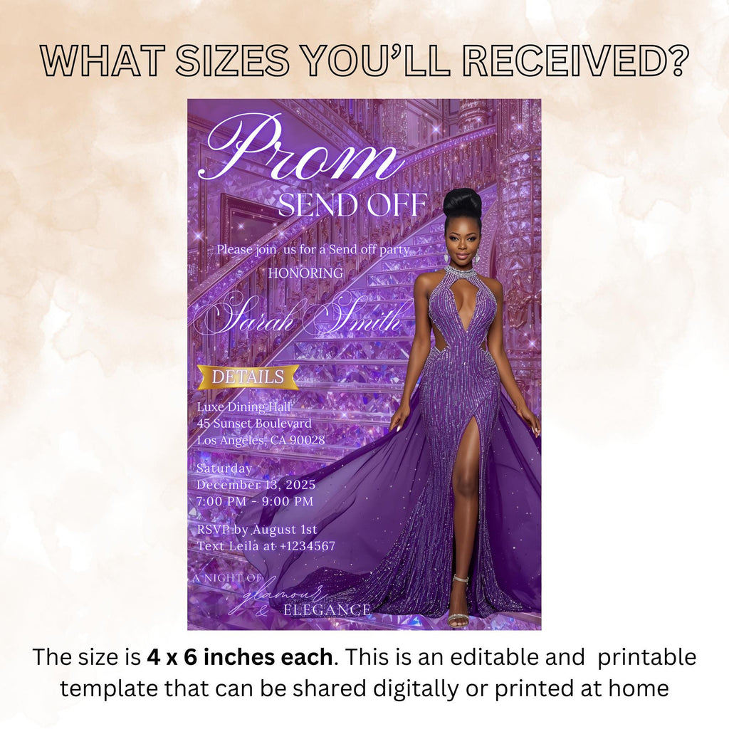 Prom Send Off Party Invitation Purple Senior and Junior Prom Night with photo invite, Elegant Hollywood Theme Celebration Template, PRM08