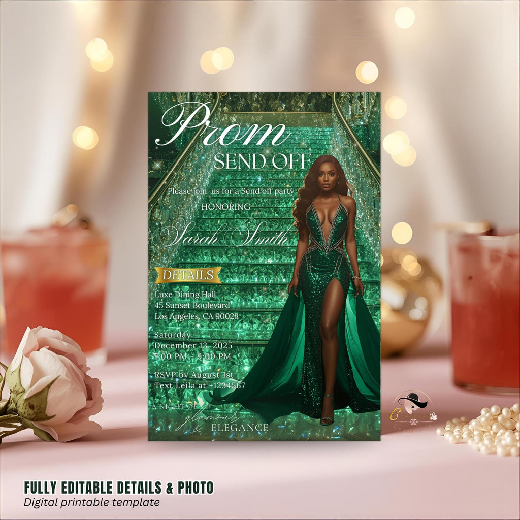 Green Prom Send Off Party Invitation, Woman Senior Grand Ball Prom Night with photo invite, Glam Junior Prom Hollywood Theme Template, PRM12