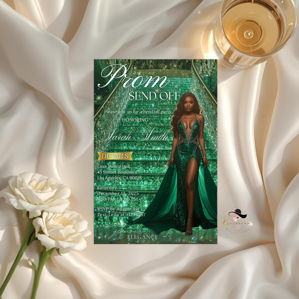 Green Prom Send Off Party Invitation, Woman Senior Grand Ball Prom Night with photo invite, Glam Junior Prom Hollywood Theme Template, PRM12