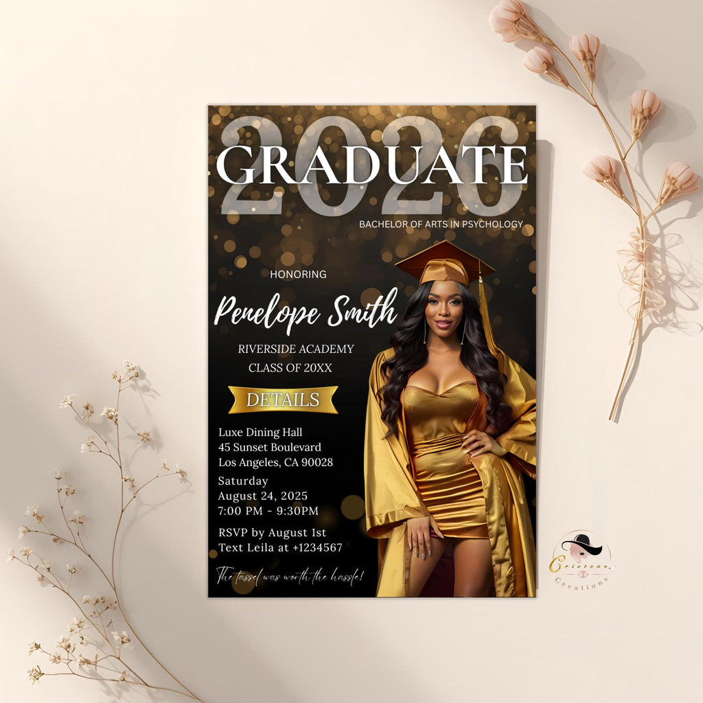 Black gold Graduation Announcement 2026 Invitation, Digital Senior Graduation invite with photo, Editable College Graduation Party Template