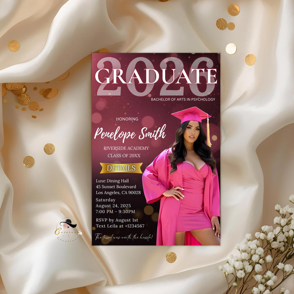 Digital Graduation Announcement 2026 Invitation Pink Black Senior Graduation invite with photo, Woman College Graduation Party Template