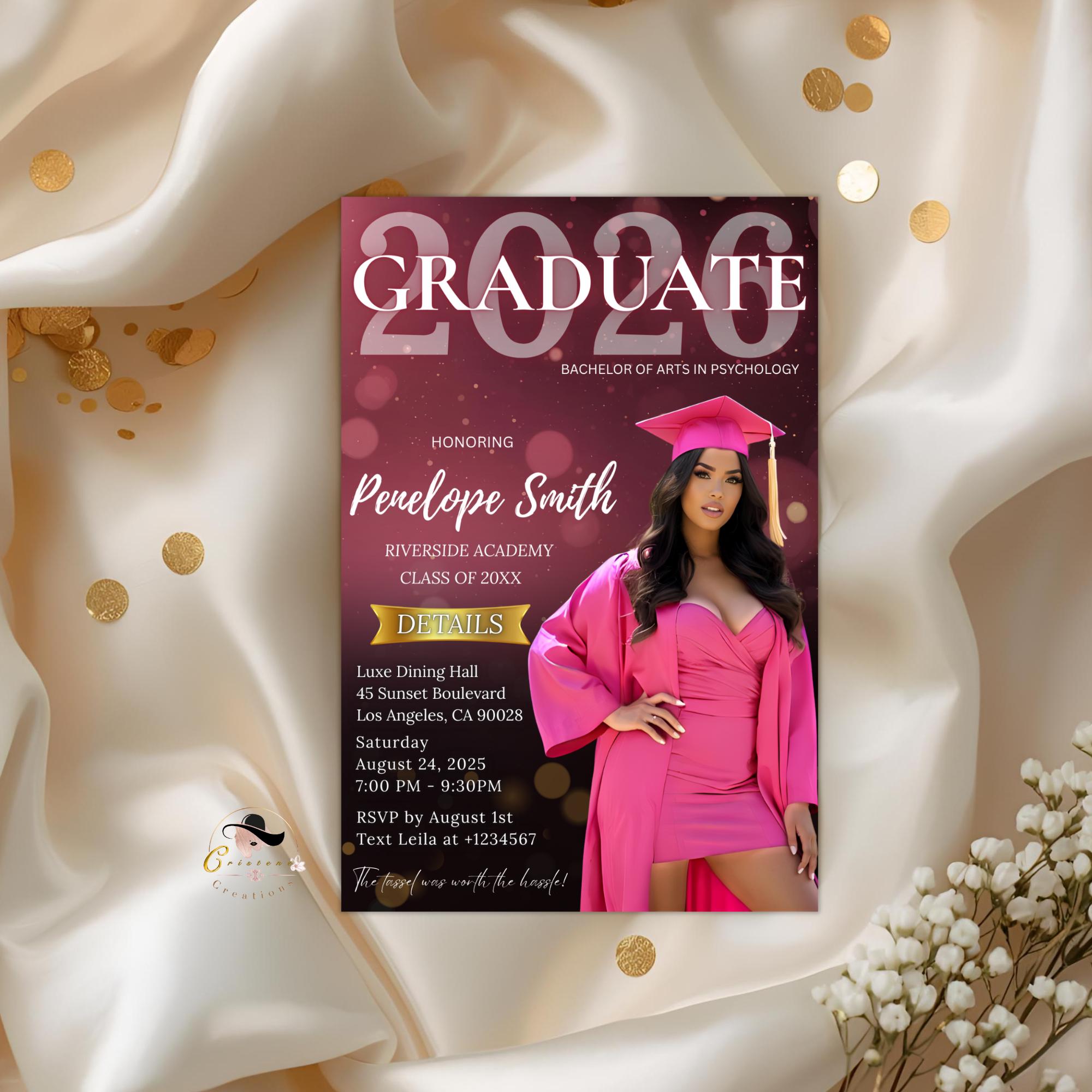Digital Graduation Announcement 2026 Invitation Pink Black Senior Graduation invite with photo, Woman College Graduation Party Template