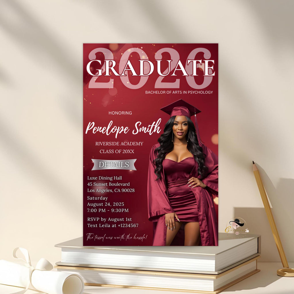 Digital Graduation Announcement 2026 Invitation, Maroon Burgundy Senior Graduation invite with photo, Woman College Graduation Party Template