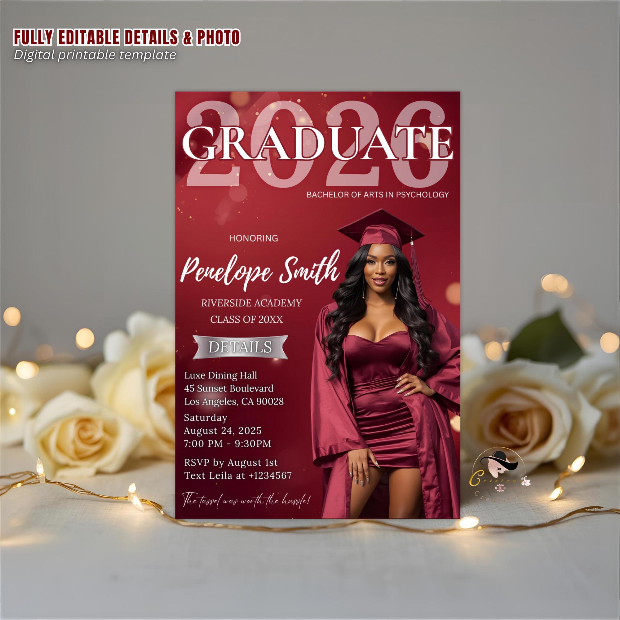 Digital Graduation Announcement 2026 Invitation, Maroon Burgundy Senior Graduation invite with photo, Woman College Graduation Party Template