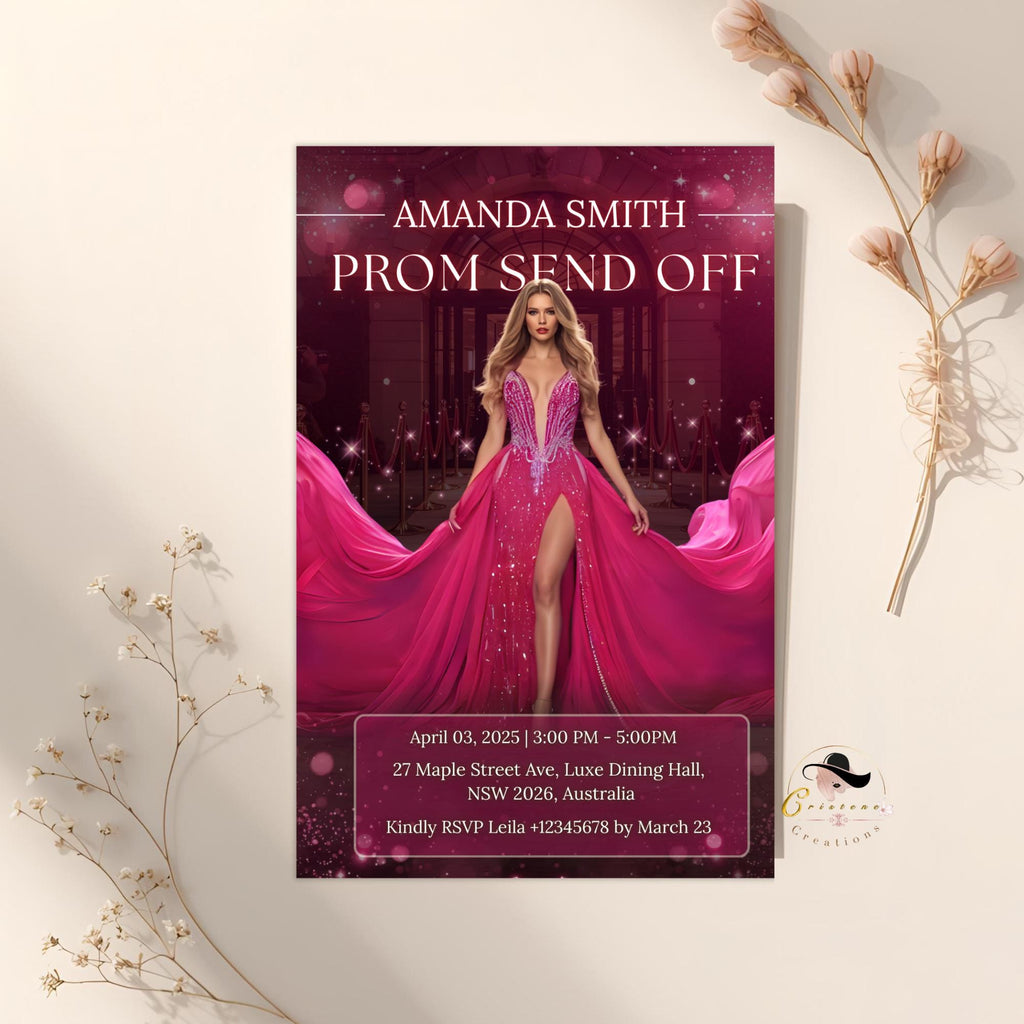 Prom Send Off Party Invitation, Woman Senior Ball and Junior Prom Night with photo invite Elegant Hollywood Theme Red Carpet Template, PRM03