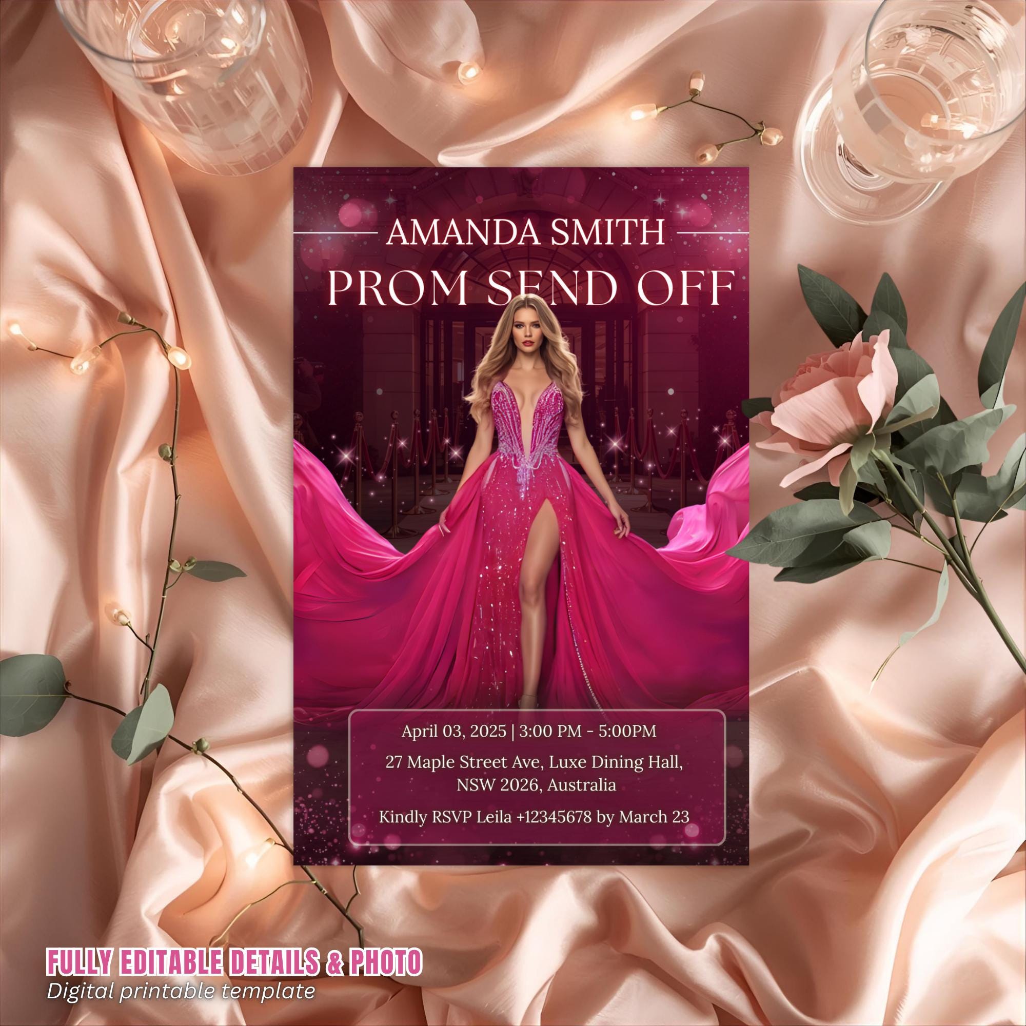 Prom Send Off Party Invitation, Woman Senior Ball and Junior Prom Night with photo invite Elegant Hollywood Theme Red Carpet Template, PRM03