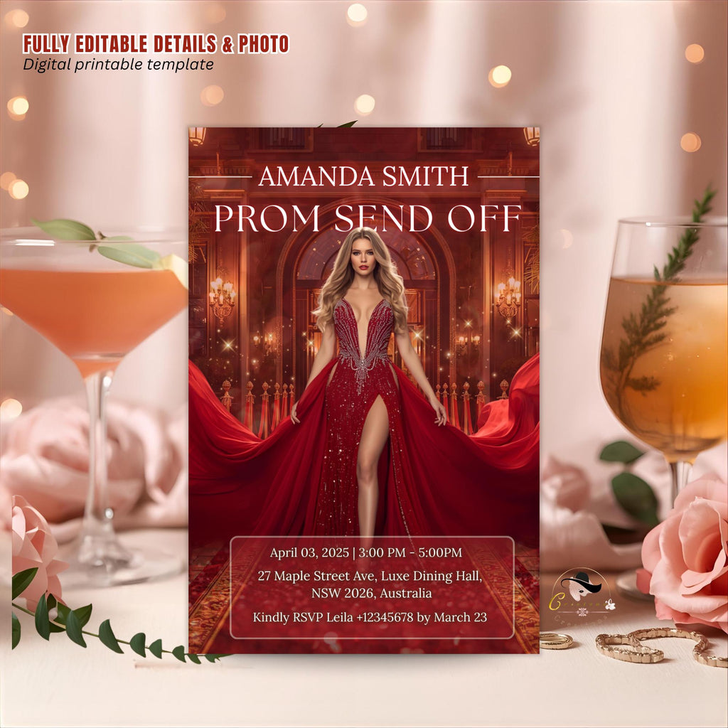 Prom Send Off Party Invitation Red Senior Ball and Junior Prom Night with photo invite, Elegant Hollywood Theme Red Carpet Template, PRM04