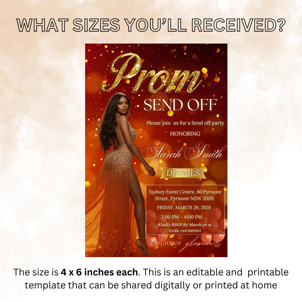 Orange Prom Send Off Party Invitation, Woman Senior Ball and Junior Prom Night with photo invite Elegant Hollywood Theme Template, PRM09