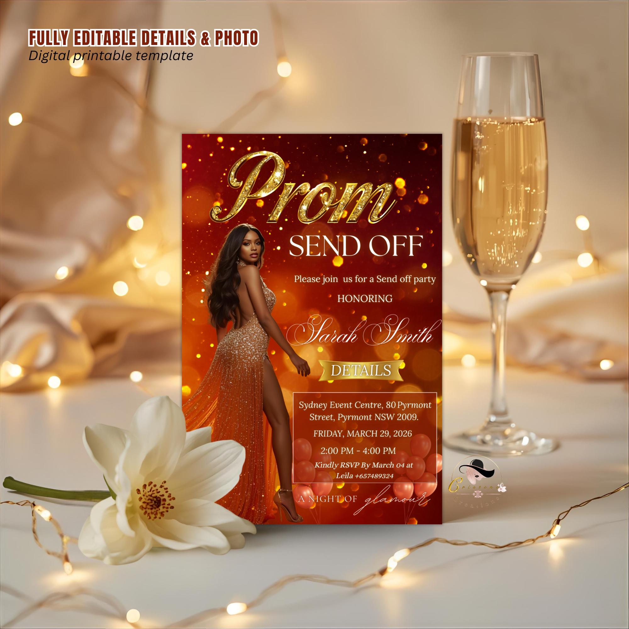 Orange Prom Send Off Party Invitation, Woman Senior Ball and Junior Prom Night with photo invite Elegant Hollywood Theme Template, PRM09